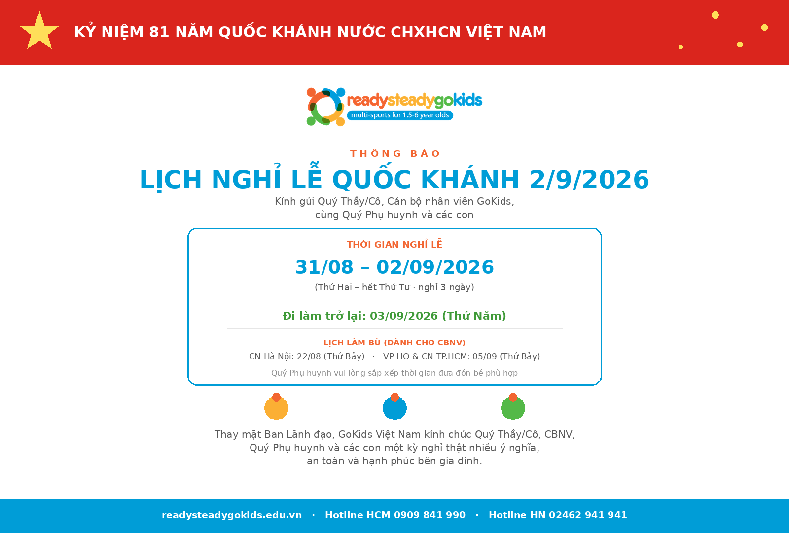 Thông Báo Lịch Nghỉ Lễ Quốc Khánh 2/9/2026 – GoKids Việt Nam